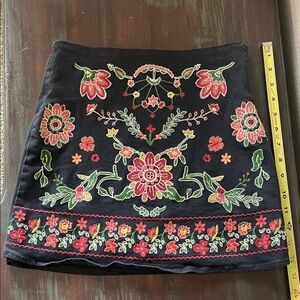 Mi Ami Embroidered Floral A-Line Skirt - Black with Pink & Green Accents